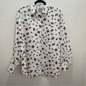 ILIO Women Large Blouse‎ Button Down Aztec White Long Sleeve western vintage